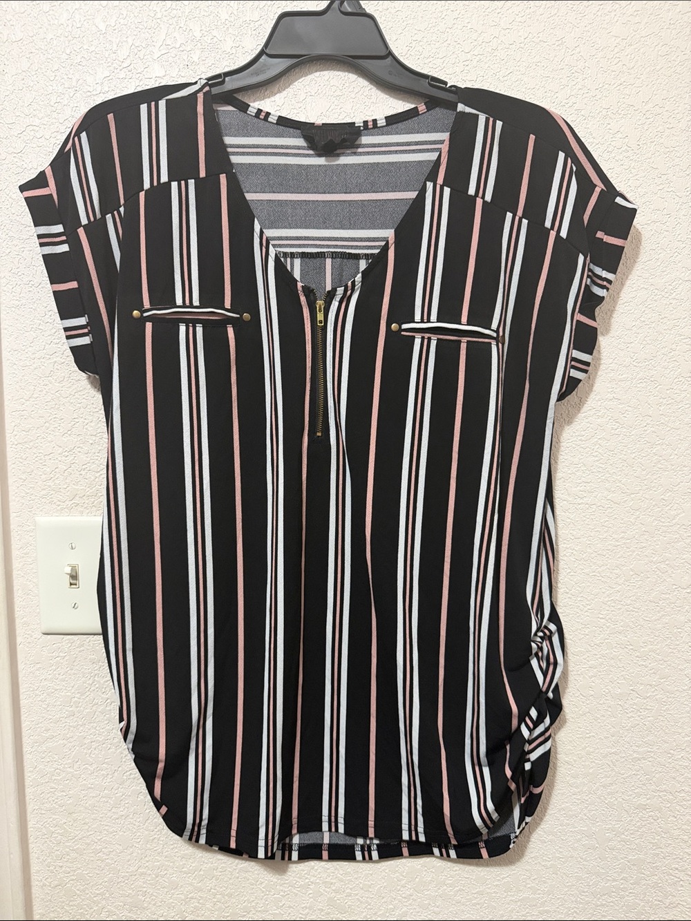 Maternity Sweet Wanderer Black, Pink & White Striped V-Neck Zip Top